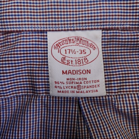 Brooks Brothers Madison Men's 17.5 35 Blue Red Plaid Long Sleeve Cotton Spandex - Picture 7 of 11